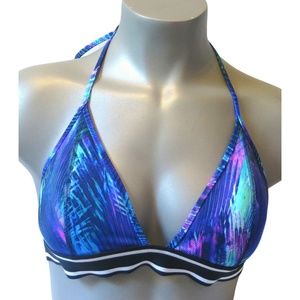 Victoria's Secret PINK Blue Tropical Palm Banded Triangle Halter Swim Top L